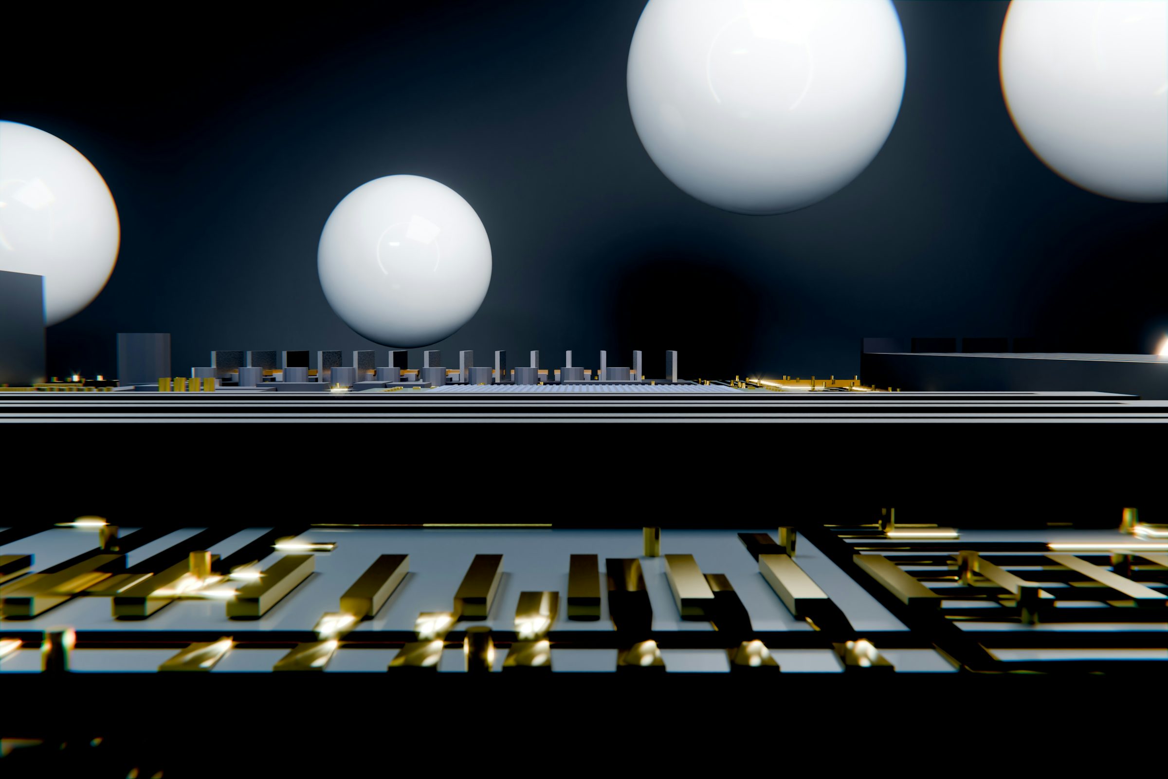 Close-up 3D render of a dark circuit board with glossy spherical nodes rising above the traces, evoking AI systems built on top of modernized infrastructure.