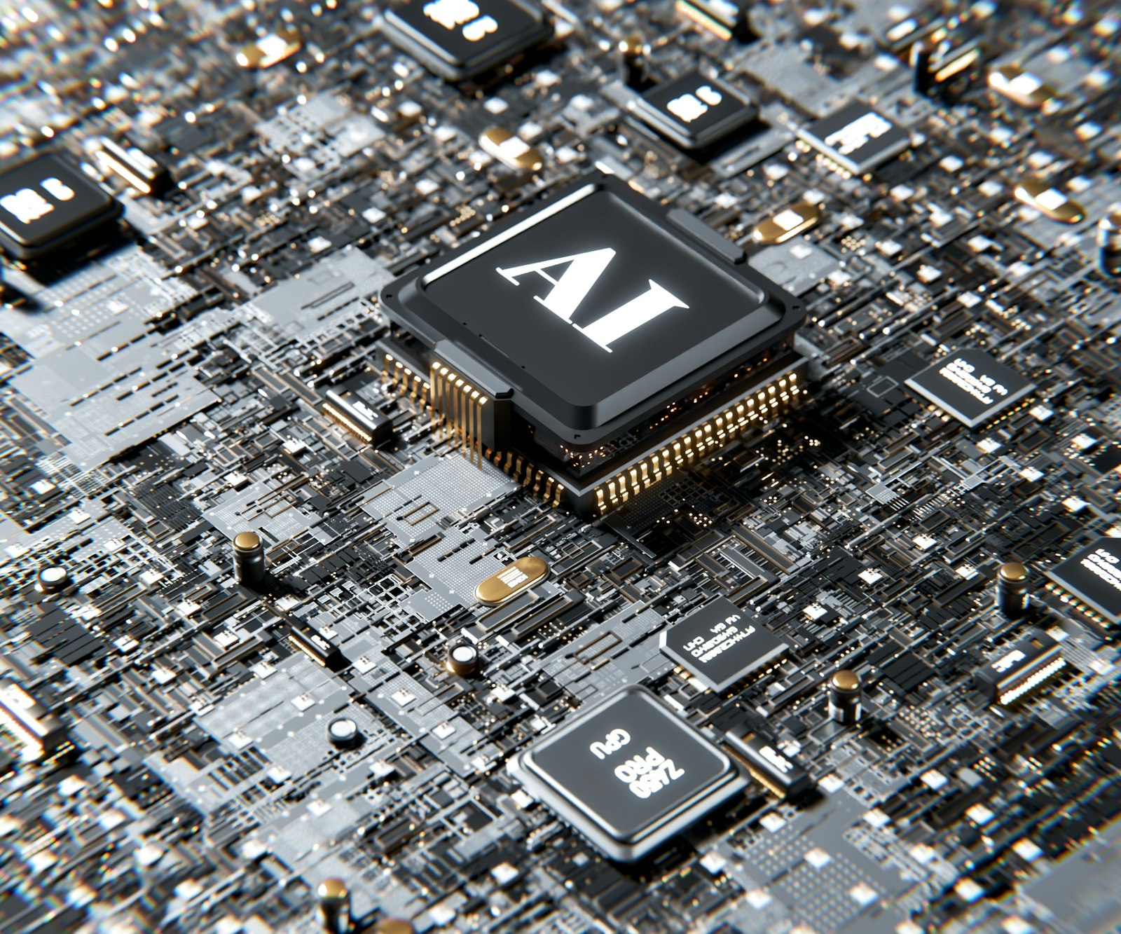 A close-up of a processor chip etched with 'AI' on a dense circuit board.