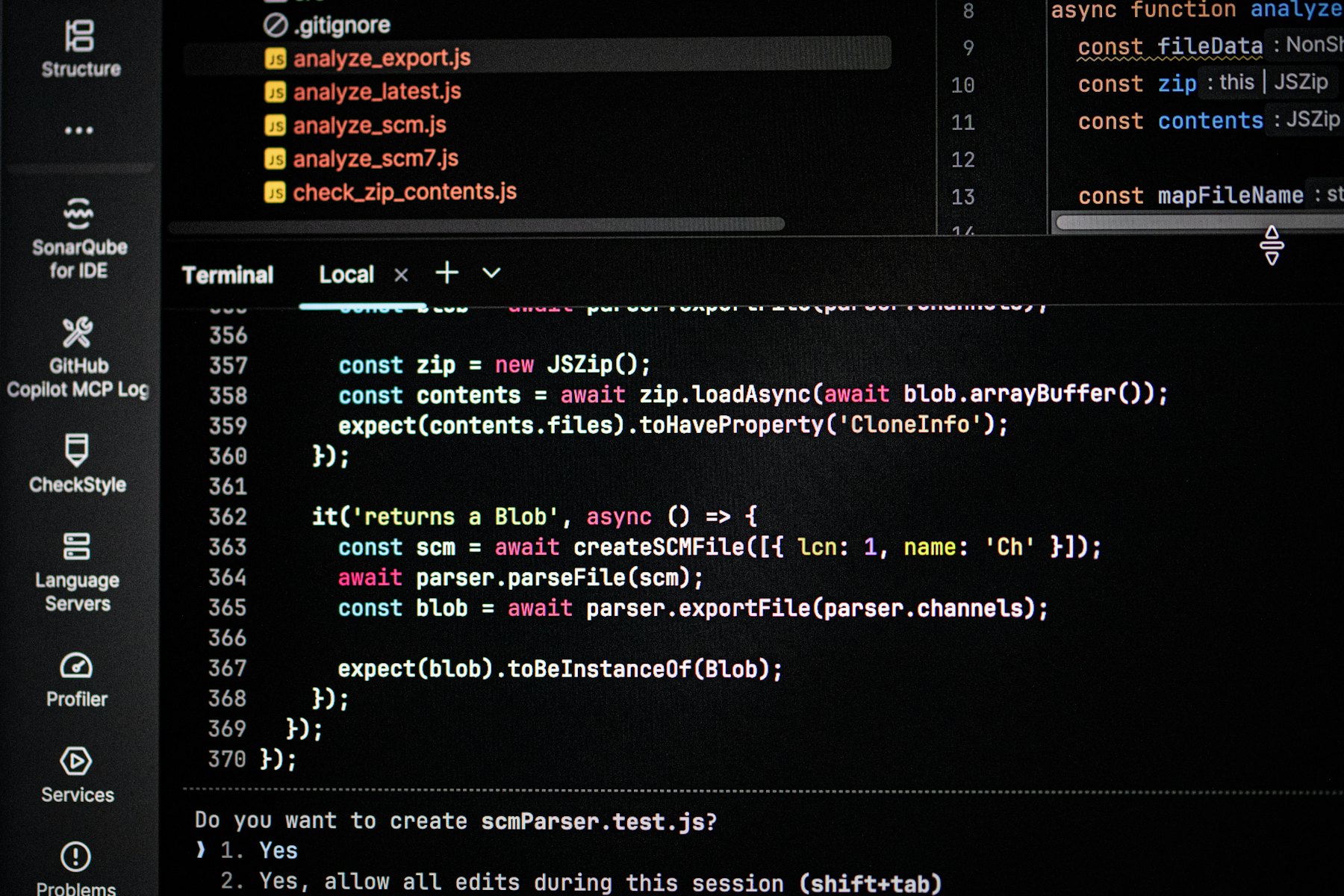 A dark-theme code editor with static analysis tooling open.