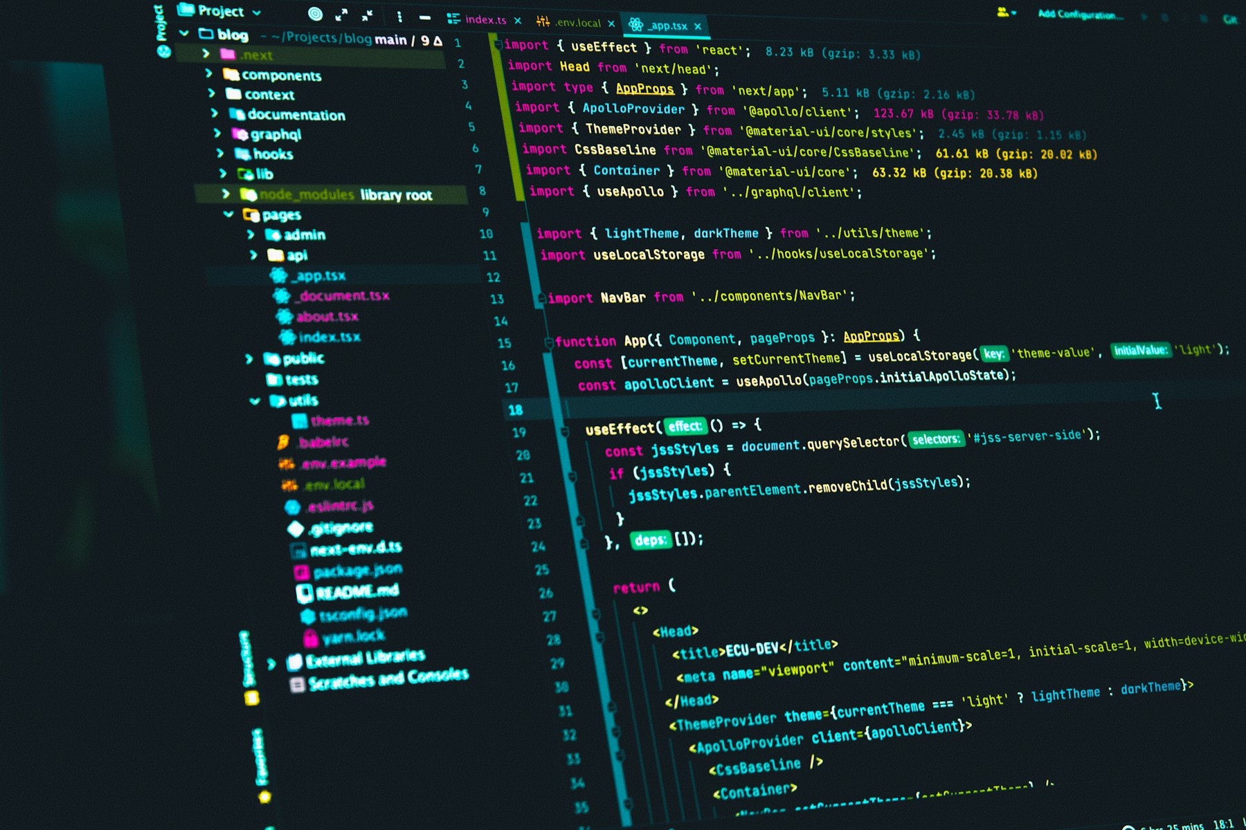 A dark-theme code editor showing a React and TypeScript project, with an import cost inspector open.
