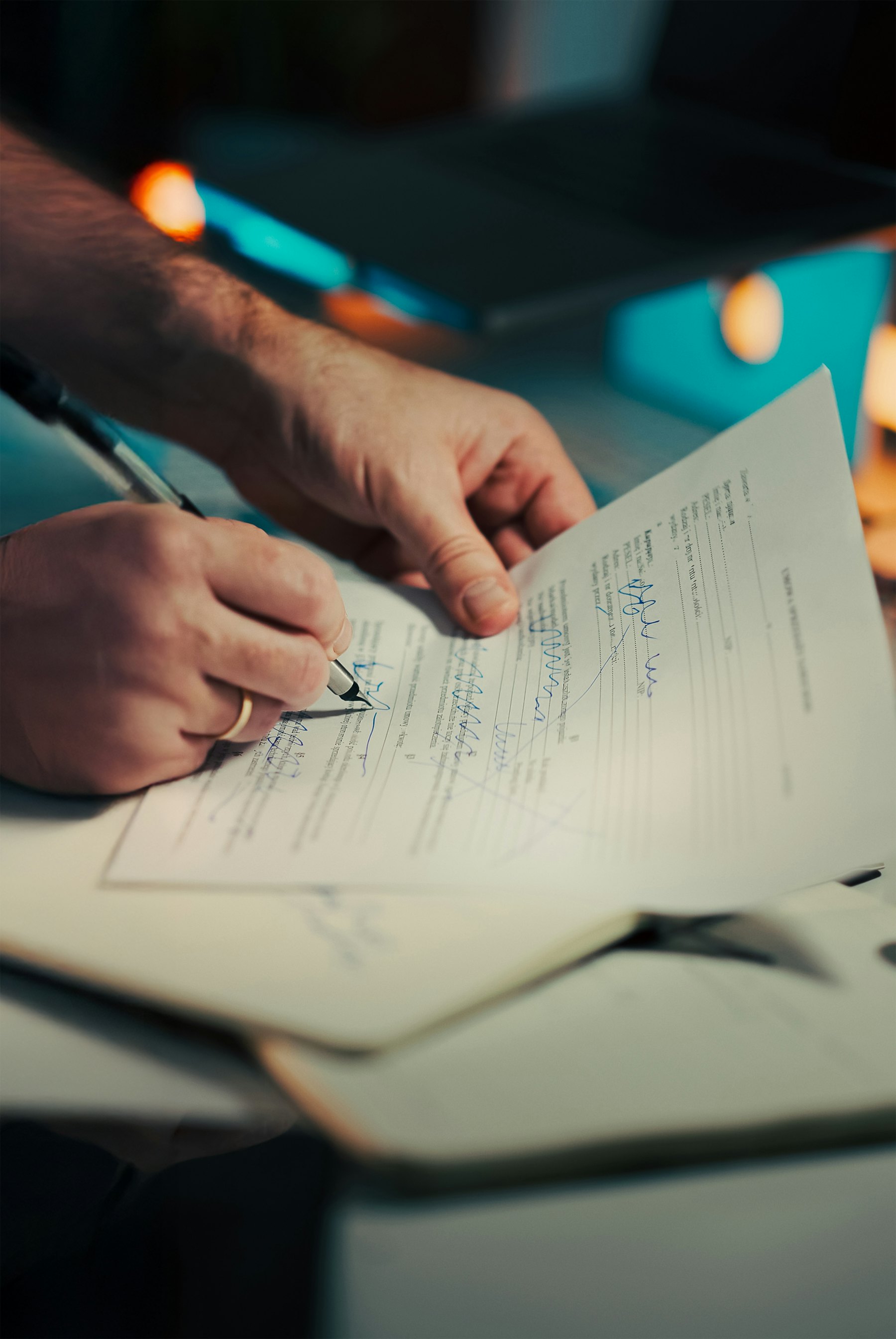 A close-up of a hand signing a paper claims document.