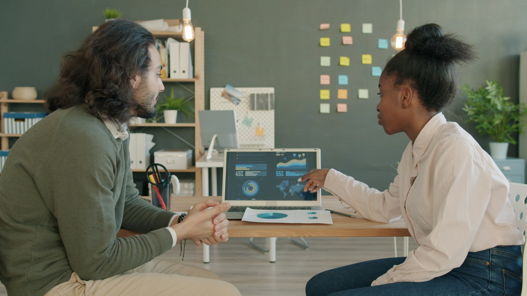 A manager and a team member reviewing engagement and risk data on a laptop dashboard.